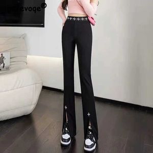 Kadın Pantolon Capris Slit Siyah Yüksek Bel Strt Ultra İnce İşlemeli Benzersiz Flare Pants Kadın İlkbahar/Yaz Boş Zaman Ofis Kadın Pantolonları 4xl Y240504