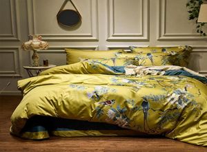 4pcs Silky Egyptian Cotton Yellow Chinoiserie Style Birds Flowers Duvet Cover Bed Sheet Fitted Sheet Set King Size Queen Bedding S2203560