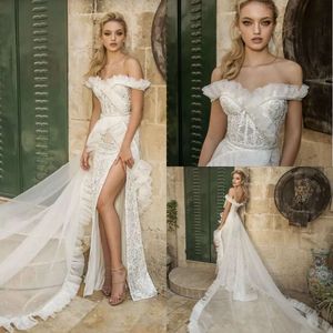 Dress Dany Off Shoulder Illusion Sexy Mizrachi Chiffon Side Splits Lace Appliques Beaded Wedding Dresses Bridal Gowns Es
