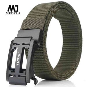 Medyla Mens Military Nylon Belt New Technology Automatisk spänne Hard Metal Uactical Belt för män 3mm mjuk riktig sportbälte 210310 3422