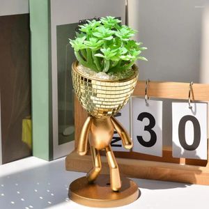 Vases Mirror Disco Tiles Flower Pot Unique Walking Man Flowerpot Figurine With Cactus Succulent Planter For Home