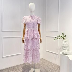 Party Dresses Collection High Quality Solid Pink White Hollow Out Short Puff Sleeve A-Line Women Vintage Midi Dress Spring Summer