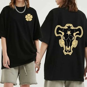 Herr t-shirts 2024 Summer Mens T-shirt Clover Double-Sided Printed T-shirt Anime Strtwear Cool Tshirt Hip Hop Top Black Overdimased T Shrit T240506