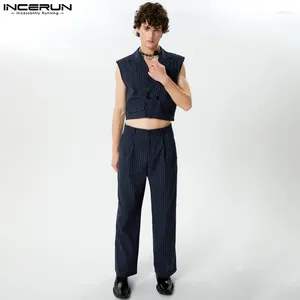 Men's Tracksuits Handsome Sets INCERUN 2024 Comfortable Short Striped Vests Pants Leisure Streetwear Male Selling Two-piece S-5XL