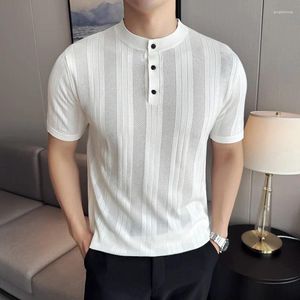 Erkek Polos Erkekler Polo Gömlek 2024 Yaz İnce Çin Stand Yukarı Yakalı Düz ​​Renkli Örme Kısa Kollu T-Shirt Günlük Giysiler