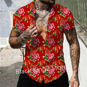 Men's Polos New Northeast Big Flower Design Mens Shirt Chinese Style Short Slve Button Tops Trend Strtwear Casual Oversize Men Clothing T240505