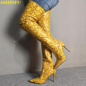 Boots ASHIOFU Handmade Ladies High Heel Real Pos Faux Snake-print Leather Thigh Winter Club Fashion