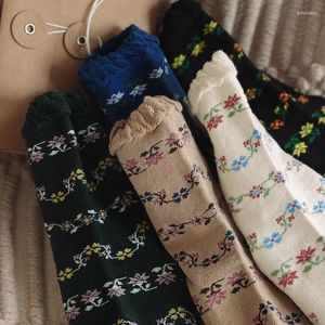 Women Socks Fashion Lace Frilly Ruffle Harajuku Floral Print Japanese Retro Vintage Streetwear Long Sweet Girl