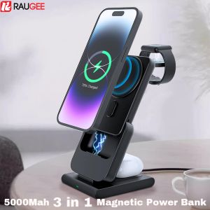 Cases Magnetic 5000Mah Power Bank 3 in 1 Wireless Charger for iPhone 15/14/13/12 Pro Max Auxiliary External Battery for Apple Watch