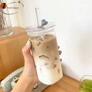 Tumblers Square heat-resistant transparent tulip glass with lips and straw milk coffee cup home bar beverage couple gift H240506