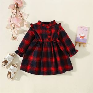 Dresses Girls' Long Sleeved Dress Spring And Autumn Plaid Academy Style Lace Decoration Polo Neck Daily Shirt Skirt