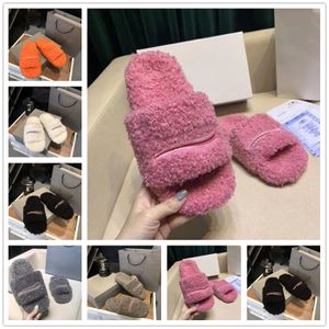 Furry Terlik Erkek Kadın Lüks Tasarımcı Sandalet Kaydırıcı Lady Moda Yün Kürklü Mektup Slaytlar Siyah Beyaz Pembe Turuncu Khaki Gri Platform Sıcak Flip Flops Scuffs