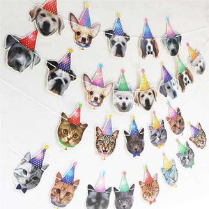 Banner Flags 13 Flags Cat Dog Paper Banner Pet Mutlu Yıllar Çember Çelenk Dekorasyon Karikatür Hayvan Köpek Kedi Tema Doğum Günü Partisi Banner