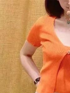 Damen-Strick-Ladies V-Ausschnitt Kurzarm-Strickjacke oder Sling Tanp Top Orange Strick-Set für weibliche 2024 Frühlingssommer-Strickwaren