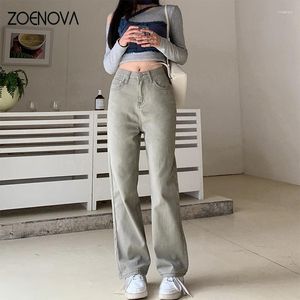 Frauen Jeans Zoenova Retro High Taille 2024 Frühlings Sommer grauer grün gerades Bein Hosen Casual Y2k einfache Lady Hosen