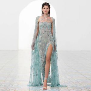 Sharon Said Luxury Dubai Aqua Lilac Arabic Mermaid Evening Dress with Cape Sleeves Criss Cross Women Wedding Party Gowns SS391 240425