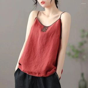 Women's Tanks Cotton Linen & Camis Women Vintage Harajuku Chic Casual Top Ladies Embroidered Vest Sleeveless Bottoming Sling Cami