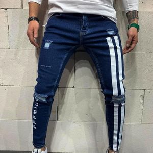 Men's Jeans Men Skinny Denim Biker Side Striped Mens Ripped Pants Destroyed Hole Scratched Zipper Slim Fit Jean Trousers 2888