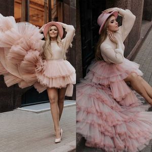 Fashion Prom Dresses Capped High Neck Long Sleeve Sweep Train Design spetsar Ruffles Tiered Peplum Ball Gown Celebrity Evening Dresses Plus Size Custom Made L24651