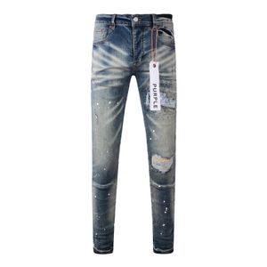 Purple dżinsy High Street Style projektant mody męski błękitne mycie dżinsy farba atrament graffiti elastyczne spodnie Patch żebarki spodnie