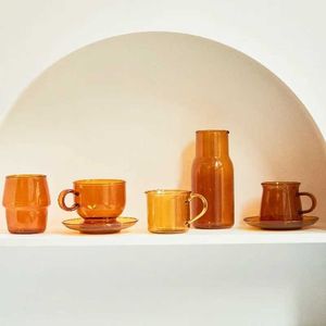 Tumblers Lazzy House Amber Glass Cup Coffee Mugs Borosilicate Heat Motent Water Mug Creative Office Tea Set Goblet H240506