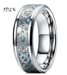 Wedding Rings Mens Steampunk Gear Wheel Stainless Steel Ring Dragon Inlay Light Blue Carbon Fiber Gothic Band Size 6134995067