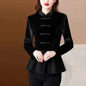 Kvinnors blusar 2024 Spring Long Sleeve Golden Velvet Blus Top Grade Retro Style Fashion Ladies Shirt Temperament Elegant Lady Tops