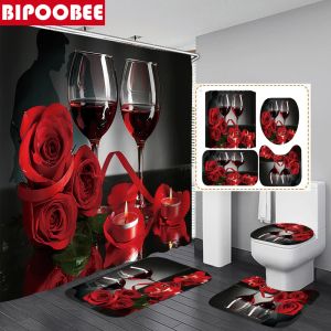 Perdeler Şarap Romantik Kırmızı Gül Duş Perdesi Set Tuvalet Kapak ve Banyo Mat Sevgililer Günü Banyo Perdeleri Kancalar Ev Dekor