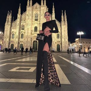 Abiti da lavoro 2024 Elegante Leopard Print Woman Set Wasit Expose Top Short e High Flit Long Skirt 2 pezzi Fashion Evening Party Vestitido