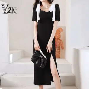 Vestidos de festa y2k roupas moda moda coreana chique em arco preto elegante midi para mulheres vestido de noite de manga curta de verão damas