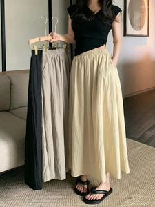 Skirts Jmprs Elastic High Waist Women Skirt Korean Summer A Line Wrinkled Long Vintage Solid Casual Pockets