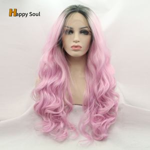 Pink Long Curly HD Full spetsfront peruk vattenvåg transparent lysfritt färgad syntetisk peruk Löst djup våg Höjdpunkt Högtemperaturfiber