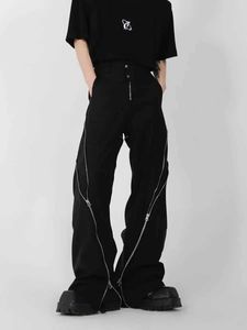 Calça masculina American Trend Brand Mens Black Zipper Design com costuras estreitas ligeiramente planas Firação vertical Calças casuais retro Retro Trouserl2405