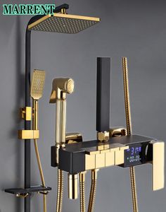 Torneiras de chuveiro de banheiro de piano de ouro preto Torneiras de chuveiro de 12 polegadas Chuveiro de chuva de chuveiro Cabeça de banho de banho digital frio