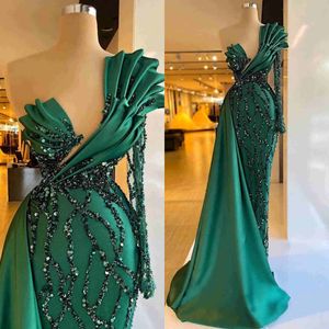 Sparkling Mermaid Prom Dresses V Neck One Shoulder Long Sleeve Sweep Dress Lace Appliques Sequin Celebrity Evening Dresses Plus Size Custom Made L24736