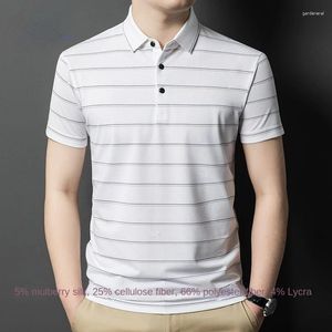 Erkek Polos T Shirtler 2024 Yaz Klasik Kısa Kalıplı İş Gündelik Çizgili İpek Top Erkekler Giyim Polo T-Shirts Camisas de Hombre