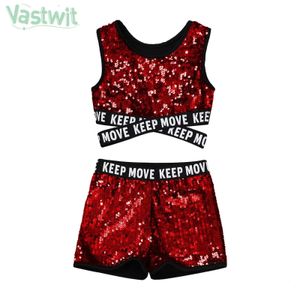 Girls Summer Shiny Sequin Dance Outfit Set Sleeveless Letter Print Crop Top with Shorts Jazz Performance Dancewear Sportswear 240426