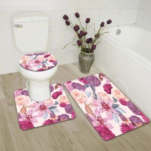 Matten Böhmen Pink Blume 3pcs Bad Matte Set Antislip Teppich Türmat Badezimmer Deckung Toilette Sitz Matten Teppich Accessoire für Toilette