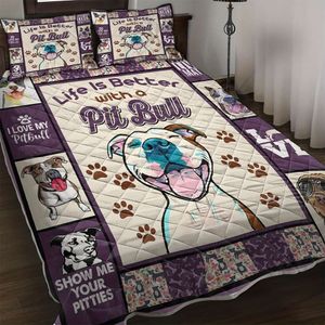 Duvet Cover Dog Bull Bedding Cute Love Animal Quilt 3 Pieces Bedspread Coverlet Microfiber Soft Lightweight Pit Bulls with Bone Floral Comforter Set for All Season