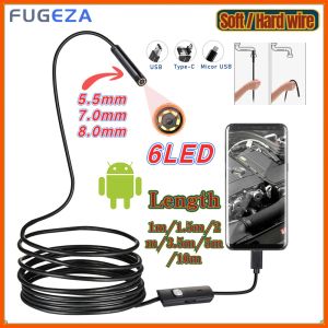 Веб -камеры Fugeza Mini Endoscope Camera Водонепроницаемое эндоскоп -регулируемое софт -провод Hardwire 6 светодиодов 5.5/7/8 мм Android Typec USB Endoscopic