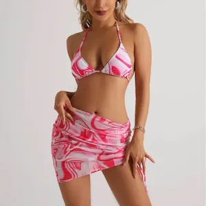 Frauen Badebekleidung 3 Stück Set Badeanzug Frauen Tanga Sexy Micro Bikini mit Sarong -Röcken Pink Print Beach Kleidung Badeanzug Schwimmbad Pool