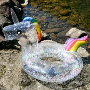 Colchão de anel de anel inflável de lantejoulas transparentes Glitter Unicorn Summer Pool Toys for Kids Pool Float Inflable 240506