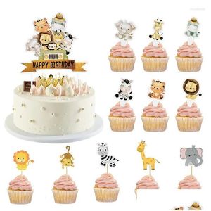 Cake Tools Cartoon Animals Topper Jungle Safari Giraffe Tiger Monkey Elephant Cupcake Happy Birthday Party Baby Shower Supplies Drop Dhjtw