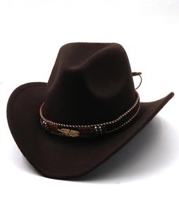 Cowboy Hatts Wide Brim Solid Fedora Hat With Leather Belt Unisex Wool Felt Cap Women Party Trilby Jazz Street Headwear Patchwor4310971