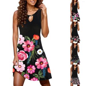 Casual Dresses Women Summer Loose Dress Sleeveless Print V Neck Hollow Out Sundress Beach Knee Length For