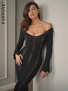 Casual Dresses Fantoye Sticked Sexig Se genom Maxi Dress For Women Black Long Sleeve Off Axla Female Skinny Elegant Party Beachwear