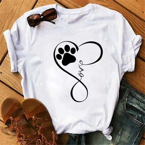 Kvinnors t-shirt Maycaur Love Heart Paw T-shirt Fun Womens T-Shirt Cartoon T-shirt Harajuku Kawaii Top T-shirt Kort ärm Söta kvinnor T-shirtl2405