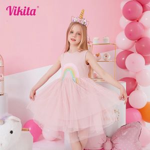 Vikita Girls Rainbow Rainbow Chefined Apliqued Kids Kids Sleeveless Summer Dresses Girl Pink Princess Irregular Mesh Tulle Party 240428