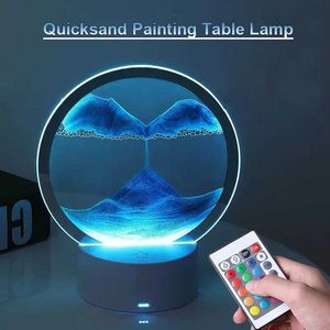 Decorative Objects Figurines LED Quicksand Table Lamp with 7 Color USB Sandscape Night Light 3D Moving Sand Art Bedside Lamps Home Decor Gift RC Touch Switch T240505
