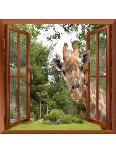 Vista finestra dell'effetto 3D curioso giraffa che si attacca la testa nella finestra adesivi per finestre finte decalcomanie murali rimovibili 2012032192269